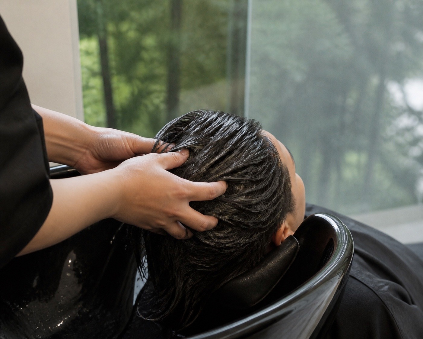 A scalp and hair treatment being applied at the basin at MANE Hair Experience, Orchard Road Singapore